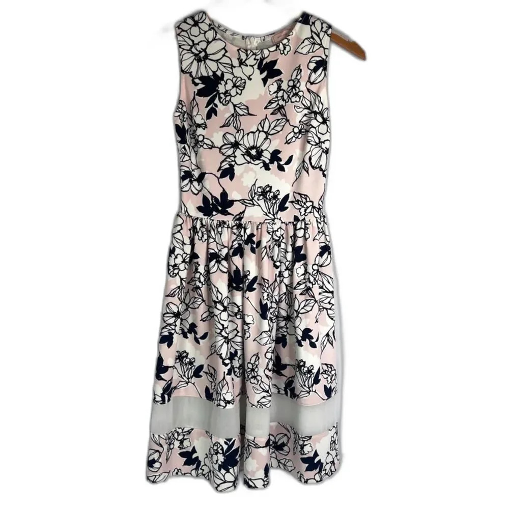 Love...Ady Pink Floral Sleeveless Fit & Flare Sheer Trim Dress Size Small